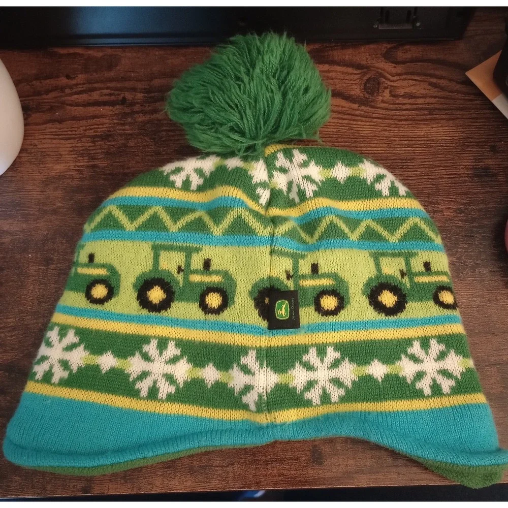 John Deere Beanie Toddler Tractor Print Pom Knit Fleece Lined Winter Hat One Sz